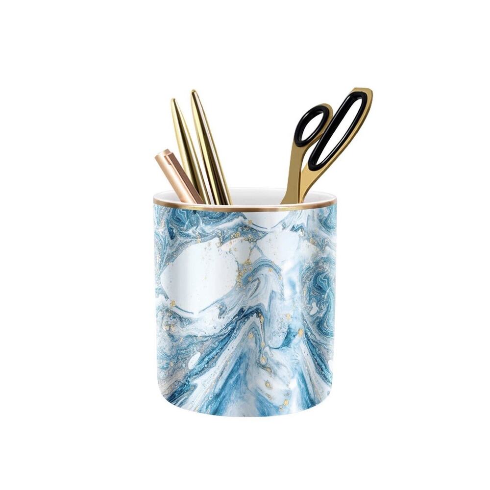 WAVEYU Marble Ceramic Desk Organizer Pen Holder Blue Gold